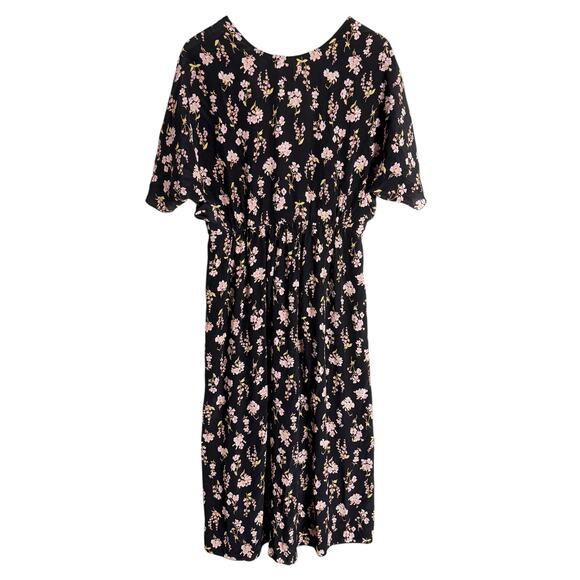 Les Reveries Black Floral Printed Short Sleeve A-Line Silk Midi Dress Size 4 - Picture 4 of 14